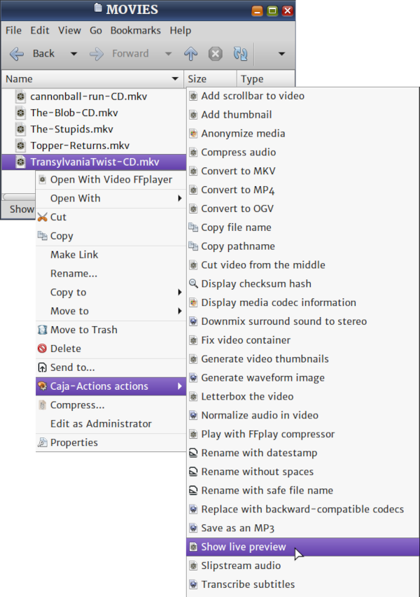 Caja Actions Configuration screenshot