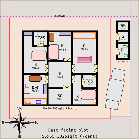 Vastu plan for a East-facing plot containing a 3-BHK house. Note that there is a dedicated room for a home theater! House plan