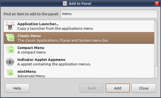 Screenshot of adding the classic menu