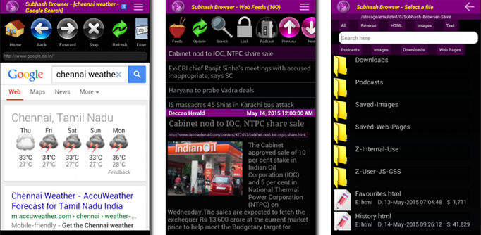 Screens of the browser, feed reader and file explorer