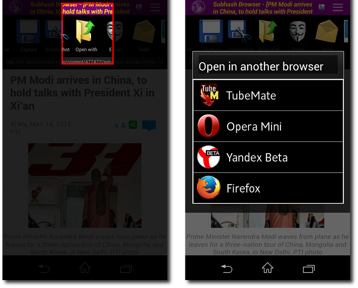 Menu for opening the current page in an external browser