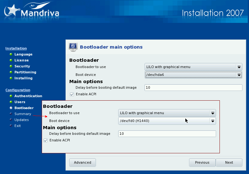 Install the bootloader program to your /boot partition in the Bootloader step. Then in the Summary step, install it to a floppy disk and then back to the original /boot partition.