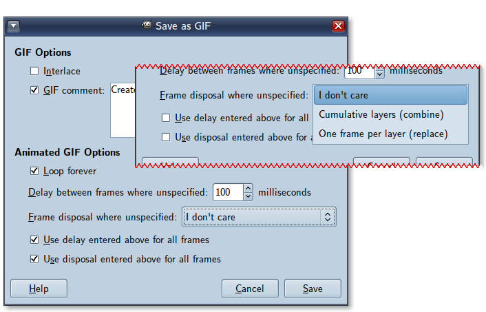 The save dialog is where important GIF settings are specified. File save dialog box